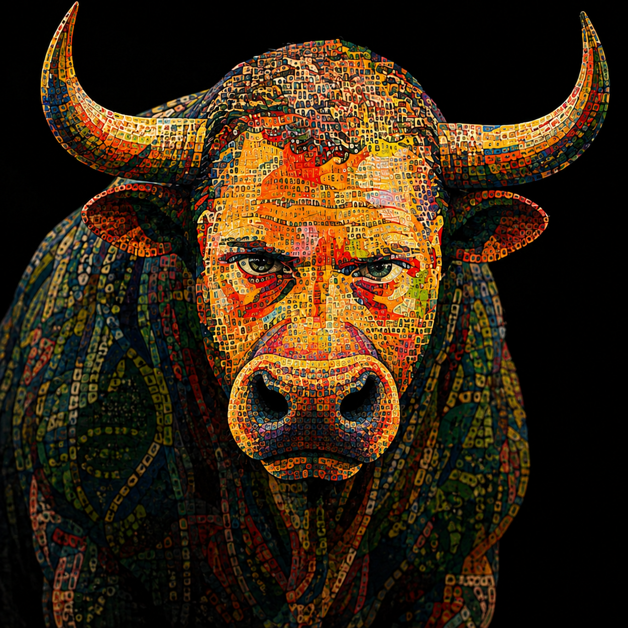 A powerful bull built from intricate orange, gold, green and blue mosaic tiles